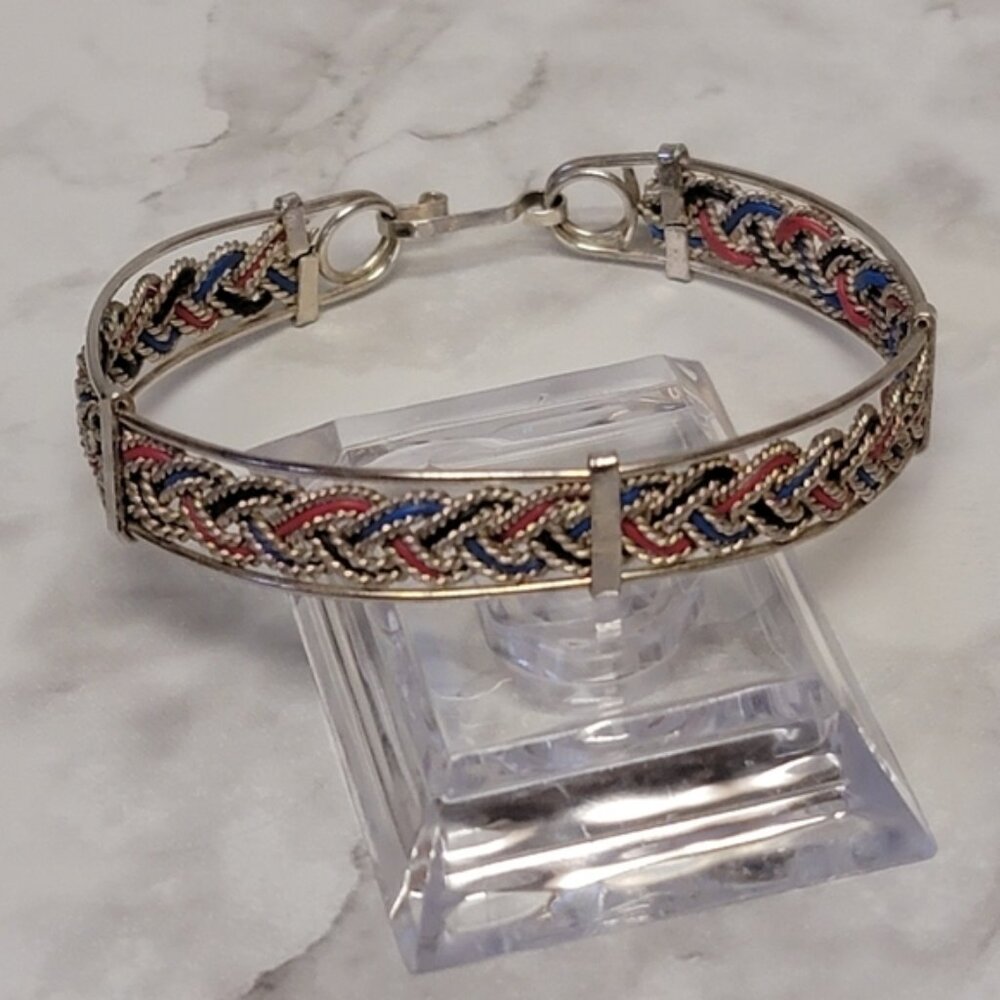 VTG MCM Braided Metal Bangle Bracelet Red Blue Black Silver Tone Woven Boho Gift